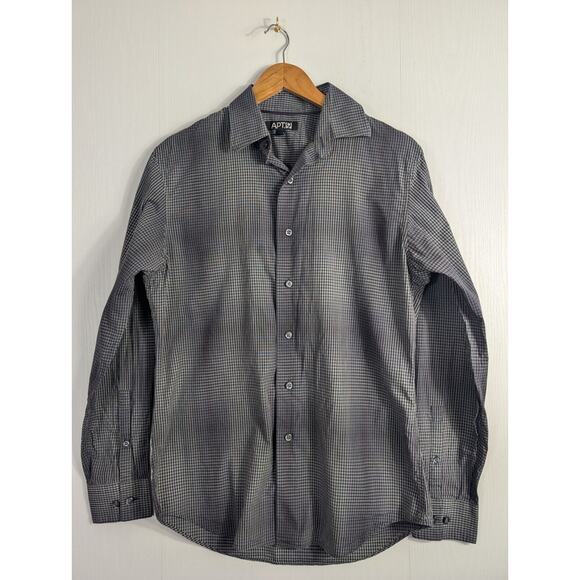 APT. 9 Mens Button Up Shirt Plaid Long Sleeve Gray Cotton Boho Formal Small - Picture 1 of 15